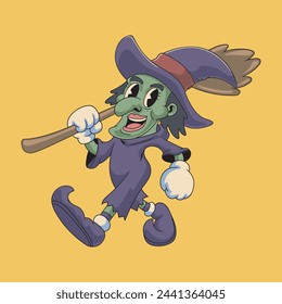 Illustration of Halloween Horror Cute Old Witch with Broom Retro Vintage Mascot Character Cartoon Design
