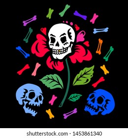 Illustration for Halloween. Human skull in a flower among the colored bones. Isolated on black background. For greeting cards, invitations, for printing on T-shirts and more.