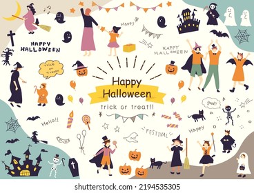 illustration of Halloween icons and people