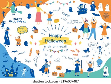illustration of Halloween icons and people