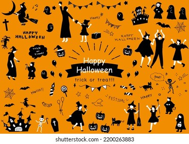 illustration of Halloween icons and people