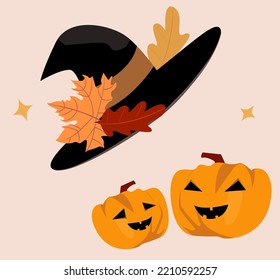 Illustration for Halloween. The image of a witch's hat and a pumpkin. The cap is decorated with autumn leaves next to Jack's lantern. The concept of witchcraft magic of autumn mood