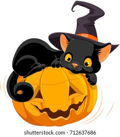 Illustration of Halloween kitten are lying happily on a pumpkin