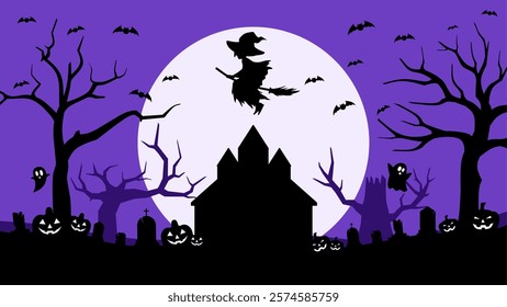 Illustration of Halloween landscape in the cemetery with flying witch. Vector illustration of spooky graveyard with dead trees for trick or treat. Haunted house of witch with pumpkin, ghost and bats