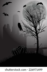 illustration with halloween landscape at full moon