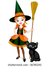 Illustration for Halloween with a little cute witch  and cat. Cat is different layer