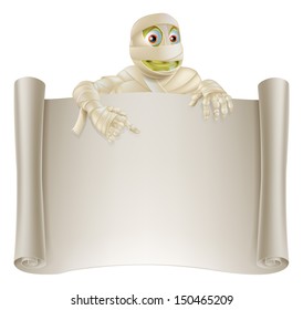 An illustration of a Halloween mummy character on top of a scroll sign or banner and pointing at it