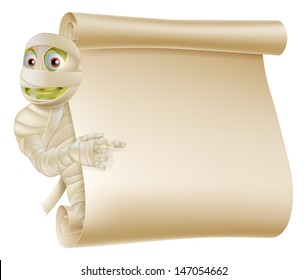 An illustration of a Halloween mummy character peeping round a scroll sign or banner and pointing at it