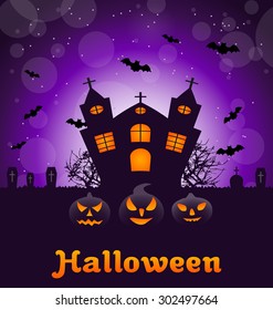 Illustration Halloween Nature Background with Castle, Pumpkins, Bats, Cemetery, Advertising Flyer - Vector