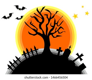 Illustration of Halloween nigh.
One tree.Cemetery.