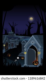 The illustration of Halloween night background. Big trees and the cemetery in the dark woods. Pumpkins for trick or treat