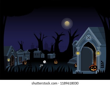 The illustration of Halloween night background. Big trees and the cemetery in the dark woods. Pumpkins for trick or treat