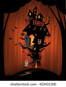 The Illustration Of Halloween Night Background. Big Trees And A Haunted House In The Dark Woods.
A Ghost And Pumpkins For Trick Or Treat.
