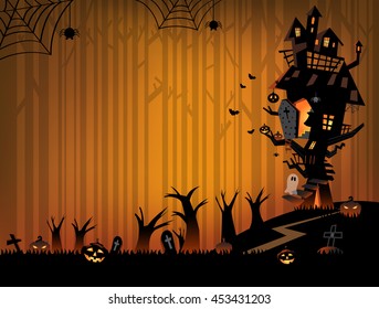 The illustration of Halloween night background. Big trees and a haunted house in the dark woods.
A ghost and pumpkins for trick or treat.
