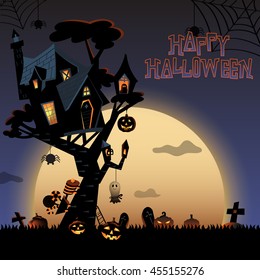 The illustration of Halloween night background with the haunted house on the tree and pumpkins in the bush. Train and ghost with candies for trick or treat. Spider spinning web and full moon behind.
