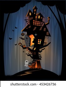 The Illustration Of Halloween Night Background.Big Trees And A Haunted House In The Dark Woods. A Ghost And Pumpkins For Trick Or Treat.