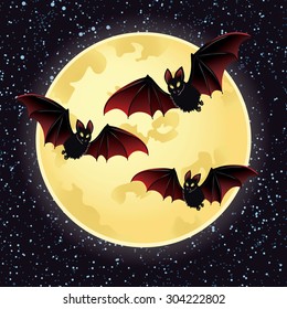 Illustration of Halloween night with bats flying over moon