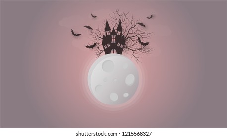 Illustration of halloween night. Big full moon with creepy castle, tree, flying bats. Paper cut vector. 