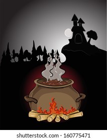 Illustration of Halloween night with a burning boiler in the night forest. Vector
