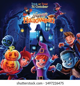 illustration of halloween night with children