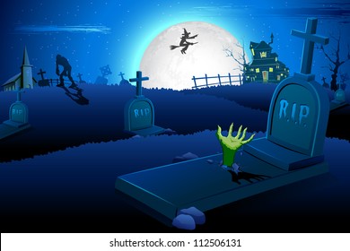 illustration of Halloween night in graveyard with mummy and flying witch