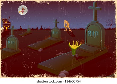 illustration of Halloween night in graveyard with mummy and flying witch