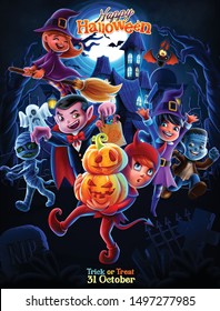 illustration of halloween night with little monsters and cartoon ghosts