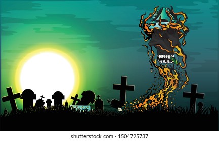 An illustration of halloween on the moon background at night