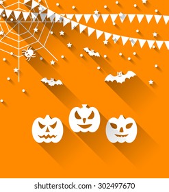 Illustration Halloween Paper Background with Pumpkins Bats, Spider, Web and Bunting Pennants, Trendy Flat Style - Vector