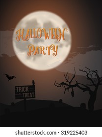 Illustration of Halloween Party Poster with Huge Moon, Bat, Caves etc. Could be used as Halloween Party Flyer Ads