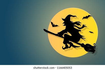 Illustration of Halloween party, Witch riding broom flying on the sky and full moon with bats at night