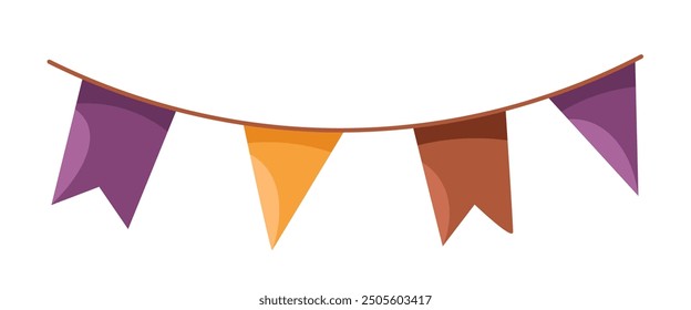 Ilustración de banderín de Halloween bunting en un estilo de dibujos animados planos, con banderas púrpuras y naranjas, aisladas sobre un fondo blanco. La Ilustración vectorial es ideal para decoraciones de fiesta y Anuncios.