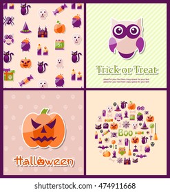 Illustration Halloween Postcards. Set Banners. Party Invitations with Flat Icons. Trick or Treat - Vector