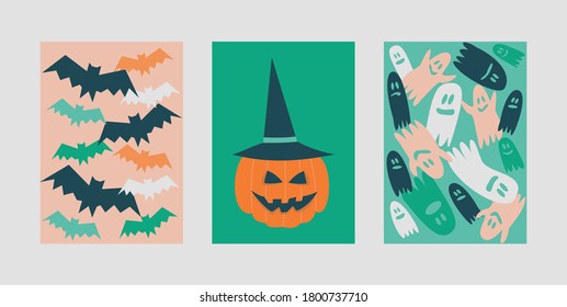 Illustration of halloween postcards and stamps with bats, ghosts and pumpkin