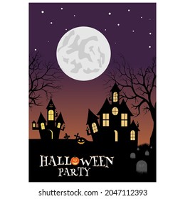 illustration of halloween poster with full moon, tree, bat, pumpkin and label Happy Halloween. Halloween party inspiration design vector.