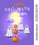 Illustration of a Halloween poster in the style of a tic-tac-toe game.Happy Halloween with pumpkin jack-o-lanterns, ghosts and a big moon with clouds.For trick-or-treating and October 31 celebrations