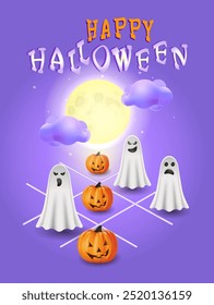 Ilustración de un cartel de Halloween en el estilo de un juego de tic-tac-toe. Feliz Halloween con calabaza jack-o-lanterns, fantasmas y una luna grande con nubes. Para el truco-o-trato y celebraciones del 31 de octubre