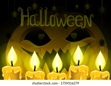 Illustration for halloween with pumpkin and candles on a dark background.