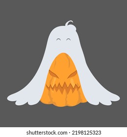 Illustration of a Halloween pumpkin with a carved displeased and angry face. The pumpkin is dressed as a ghost with a cute face. Vector isolated on grey background