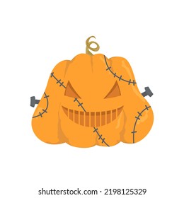 Ilustración de una calabaza de Halloween con una cara esculpida, alegre y graciosa con dientes. La calabaza está vestida con Frankenstein, con puntos en la cara y pernos. Vector aislado en fondo blanco