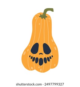 Illustration of a Halloween pumpkin with a carved spooky face. The pumpkin is orange with a green stem and features a haunting expression, perfect for Halloween-themed designs.