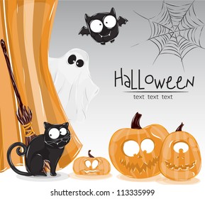 Illustration of halloween pumpkin with a cat,  broom, bat and ghost