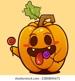 Ilustración de un personaje de calabaza de Halloween comiendo dulces, y en un aislado fondo amarillo, fresco para pegatinas, logos, diseños de totebag, camisetas, etc.