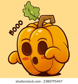 Illustration of a halloween pumpkin character with a scary but cute expression, on an isolated yellow background, cool for stickers, logos, totebag designs, t-shirts etc.