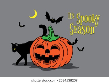 Una ilustración de calabaza de Halloween decorada con gato negro, murciélagos y luna