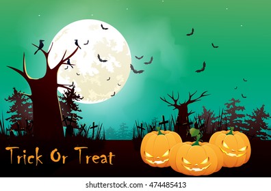 Illustration of Halloween pumpkin with full Moon behind