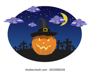 Illustration of Halloween pumpkin head wearing a black witch hat and grave silhouette with the cross on night sky background with crescent moon clouds and stars, flat design, Logo background.