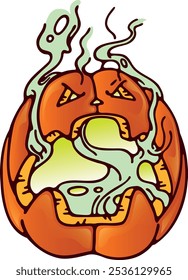 DARSTELLUNG EINES HALLOWEEN PUMPKINS MIT MAKABRE-AUSDRUCK UND BÖSER ENERGIE AUS SEINEM MUND