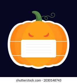 Illustration of halloween pumpkin in medical mask on dark night sky background