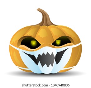 Illustration for Halloween with a pumpkin in a protective mask on a white background.